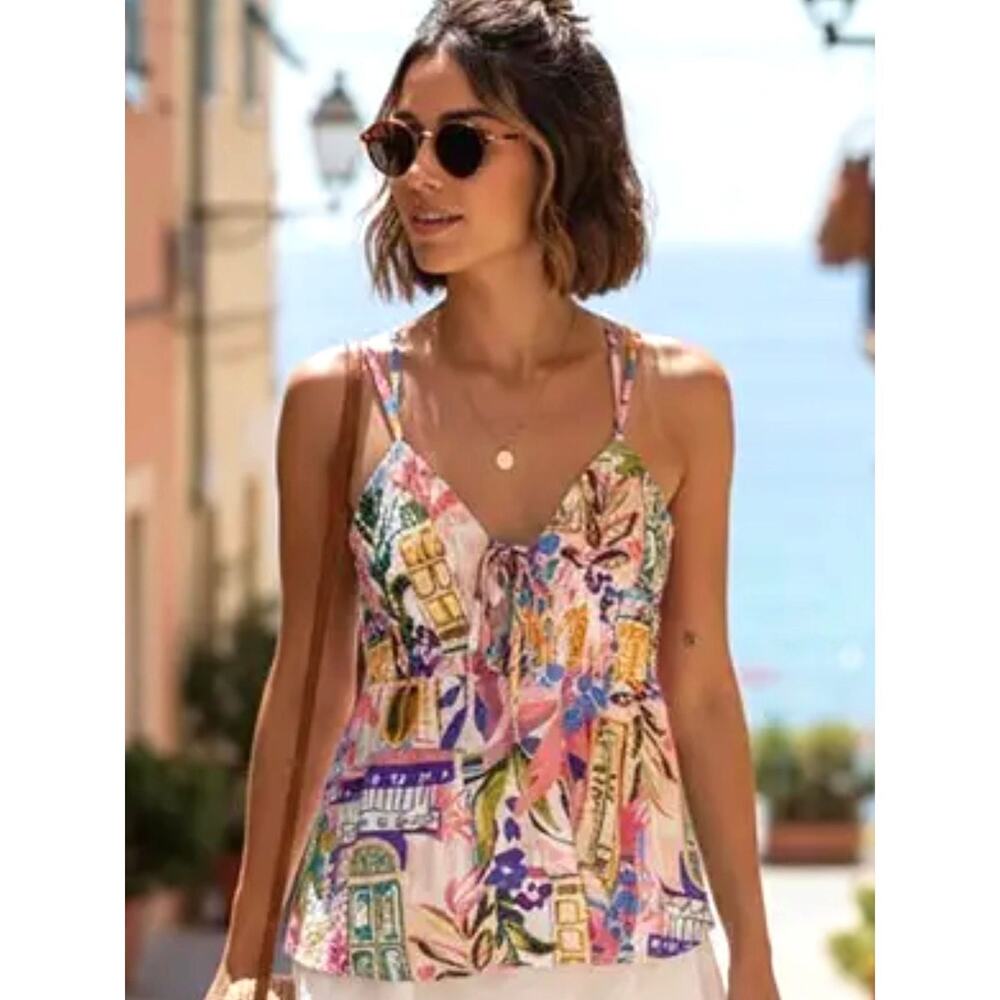 Timing Tropical Escape Floral Print Ruffle Cami Tank Top NWT
